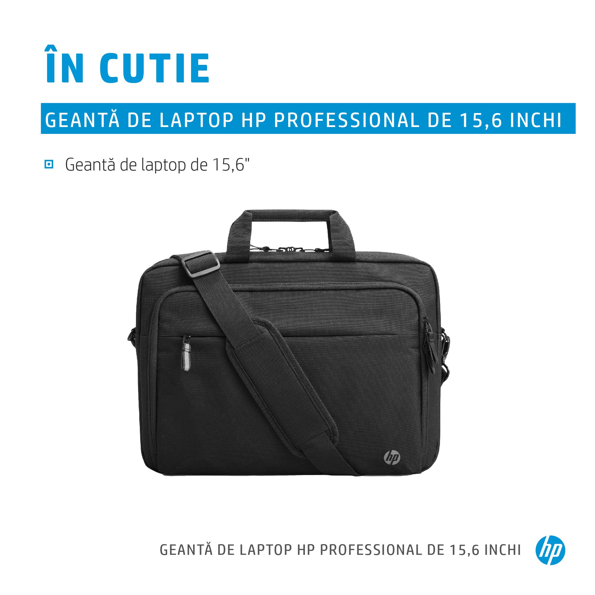 Geanta laptop HP Professional Renew Business, 15,6 inch, realizata 100% din materiale reciclate, buzunar RFID protectie carduri, buzunar pentru Bluetooth tracker, negru