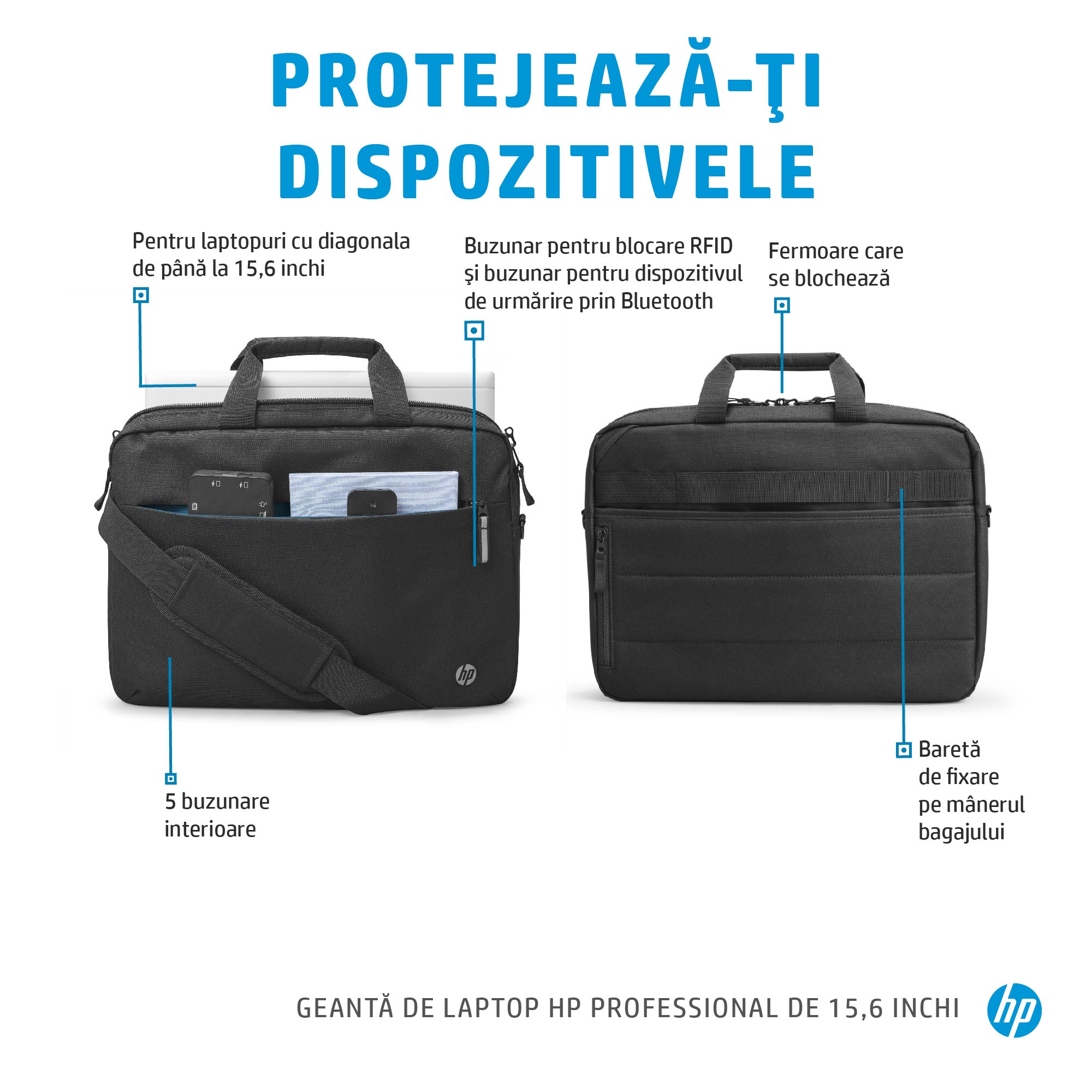 Geanta laptop HP Professional Renew Business, 15,6 inch, realizata 100% din materiale reciclate, buzunar RFID protectie carduri, buzunar pentru Bluetooth tracker, negru