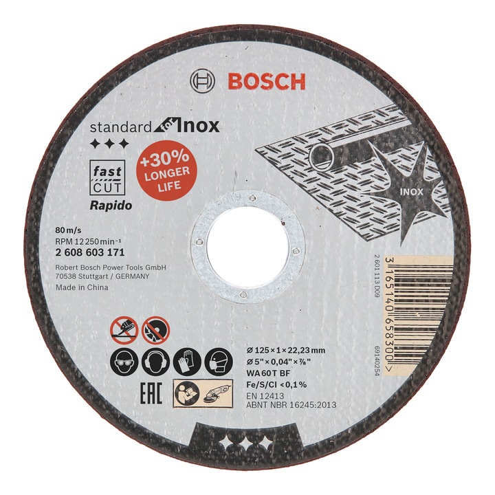 BoschStandard for Inox darabolótárcsa, egyenes, Rapido WA 60 T BF, 125 mm, 22,23 mm, 1,0 mm