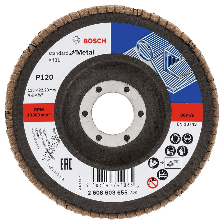 Disc de slefuire evantai Bosch Standard X431 2608603655, granulatie G120, diametru 115 mm, gaura 22.23 mm, pentru metal