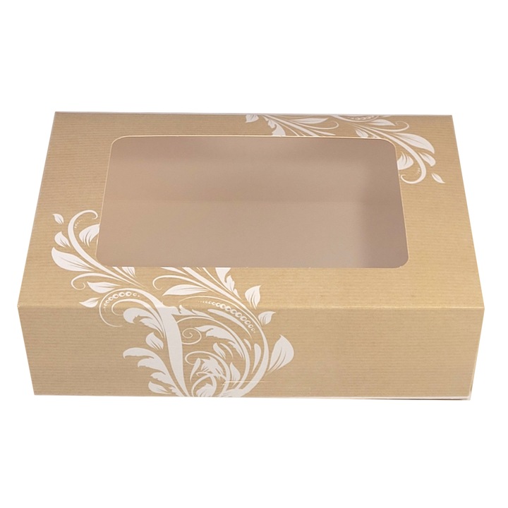 Set 5 bucati, Cutie prajituri GALA, cu fereastra transparenta, margini crem, 26x18x8 cm