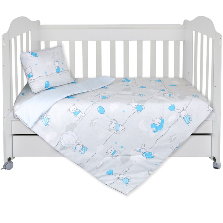 Set Lenjerie cu 4 piese 60/120 cm, bumbac 100%, Blue Rabbits - Gri/Blue