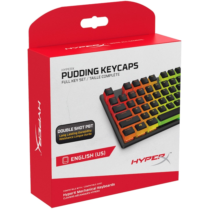 Комплект бутони за клавиатура Gaming HyperX Pudding Keycaps, Пълен комплект 104 полупрозрачни PBT клавиша за подобрено RGB осветление, Layout US, Съвместими с механични клавиатури HyperX, Черен/Бял