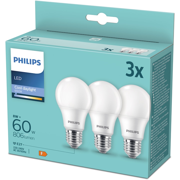 Set 3 becuri LED Philips A60, E27, 8W (60W), 806 lm, lumina rece (6500K), clasa energetica F