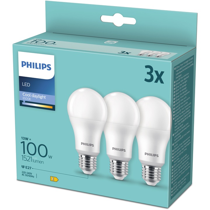 Set 3 becuri LED Philips A67, E27, 13W (100W), 1521 lm, lumina rece (6500K), clasa energetica E