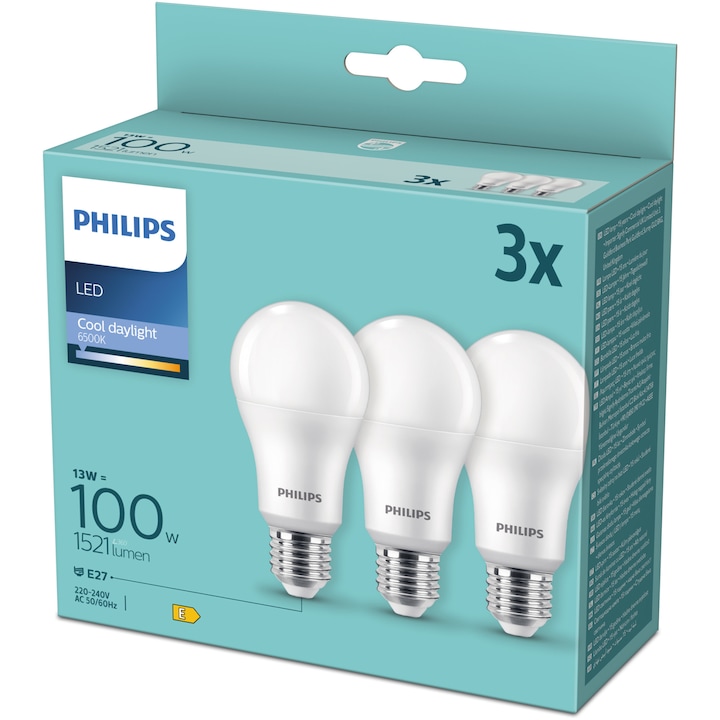 Set 3 becuri LED Philips A67, E27, 13W (100W), 1521 lm, lumina rece (6500K), clasa energetica E