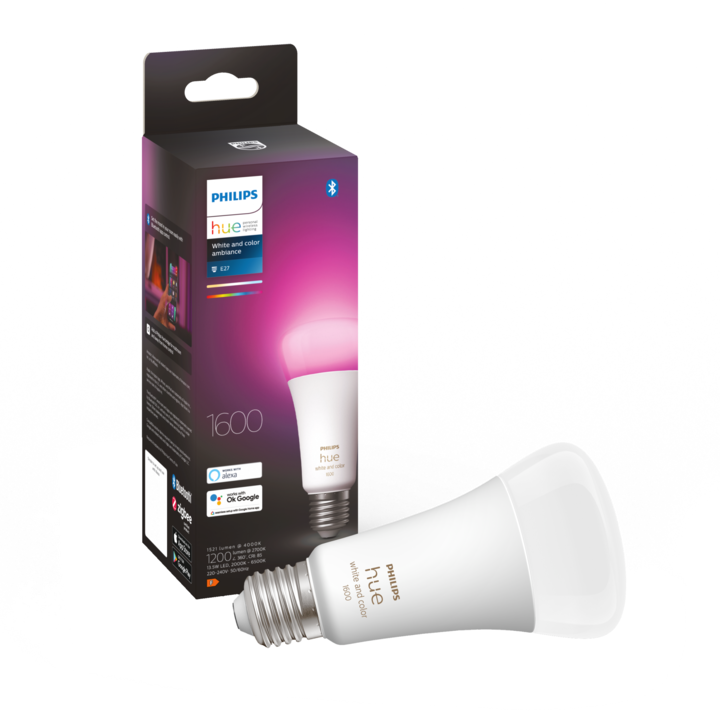 Philips Hue intelligens RGB LED izzó, Bluetooth, Zigbee, E27, 13,5 W (100 W), 1600 lm, fehér és színes fény