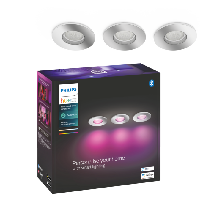 Комплект 3 спота за вграждане Philips Hue Xamento Hue, За баня, Bluetooth, 3xGU10, 3x5.7W, 3x350 лумена, Бяла и цветна светлина, IP44, Хром, Енергиен клас G