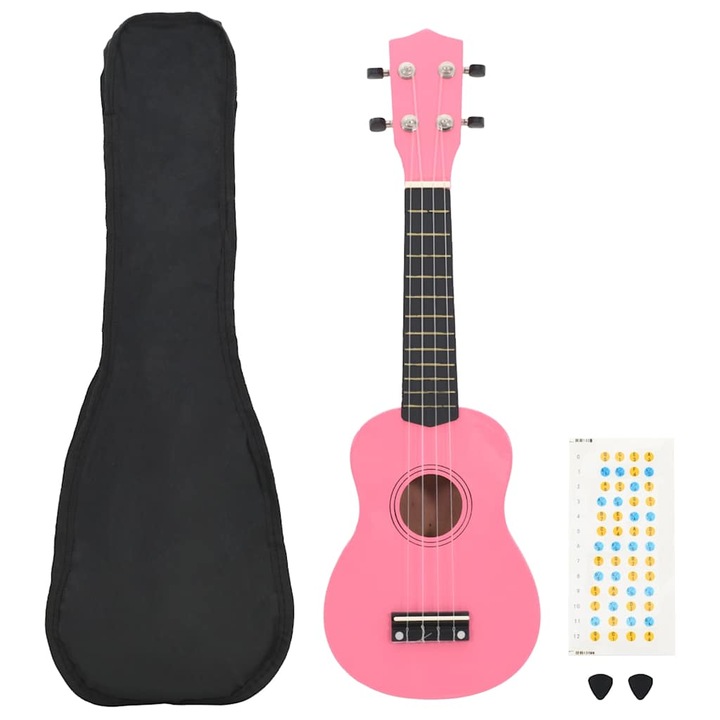 Set ukulele Soprano pentru copii vidaXL, cu husa, roz, 23"