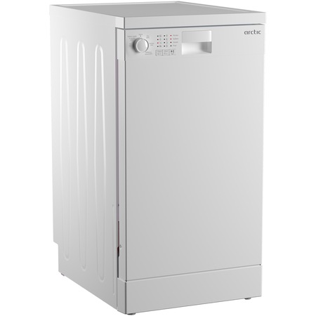 Masina de spalat vase Slim Arctic DFS0502, 10 seturi, 5 programe, Sistem dedurizare apa, Aqua Protect, Amanare pornire, Clasa E, 45 cm, Alb