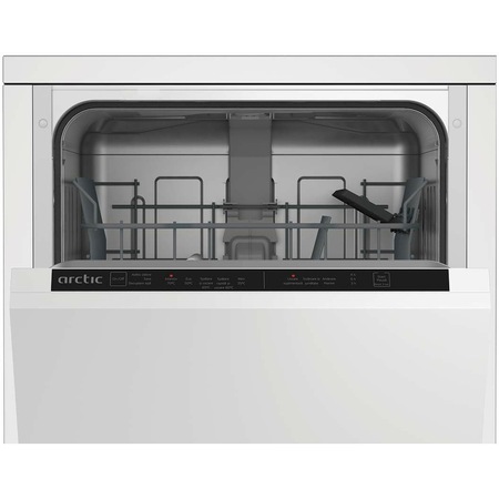 Masina de spalat vase incorporabila Slim Arctic DIS1502, 10 seturi, 5 programe, Clasa E, Sistem dedurizare ape, Aqua Protect, Amanare pornire, 45 cm