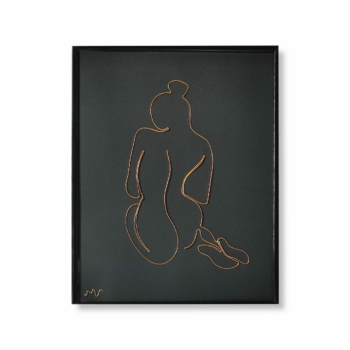 Tablou Femeie senzuala nud, sculptura in fir continuu de sarma placata cu aur 21x30cm