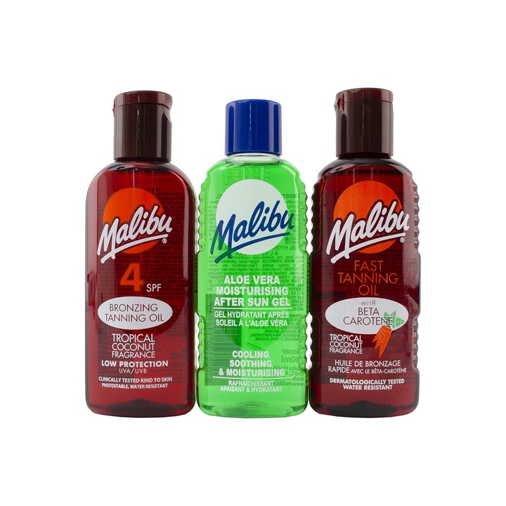 Set 3 Piese Protectie Solara Malibu, Ulei Autobronzant SPF 4 UVA/UVB 100 ml, Gel Hidratant Dupa Plaja100 ml, Ulei Autobronzant 100 ml, Rezistent La Apa, Aloe Vera, Betacarotene