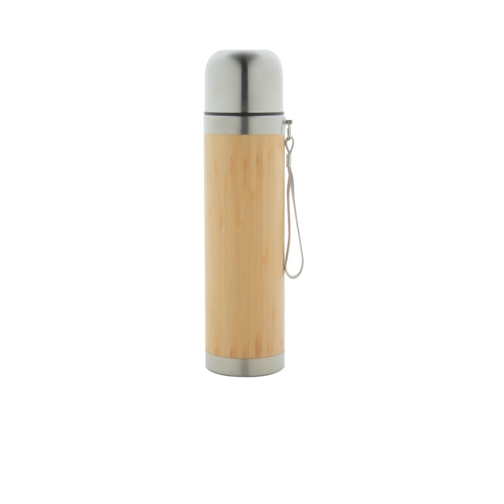 Термос Taiki, неръждаема стомана, ø65×255 мм, каишка за носене, бамбук, 420мл, Бамбук/Сребрист