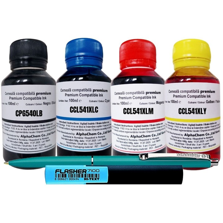 Комплект мастило AlphaChem, Съвместимо c Canon PG-540XL, Черен, 1x100 мл, CL-541XLC, Циан, 1x100 мл, CL-541XLM, Магента, 1x100 мл, CL-541XLY, жълт, 1x100 мл