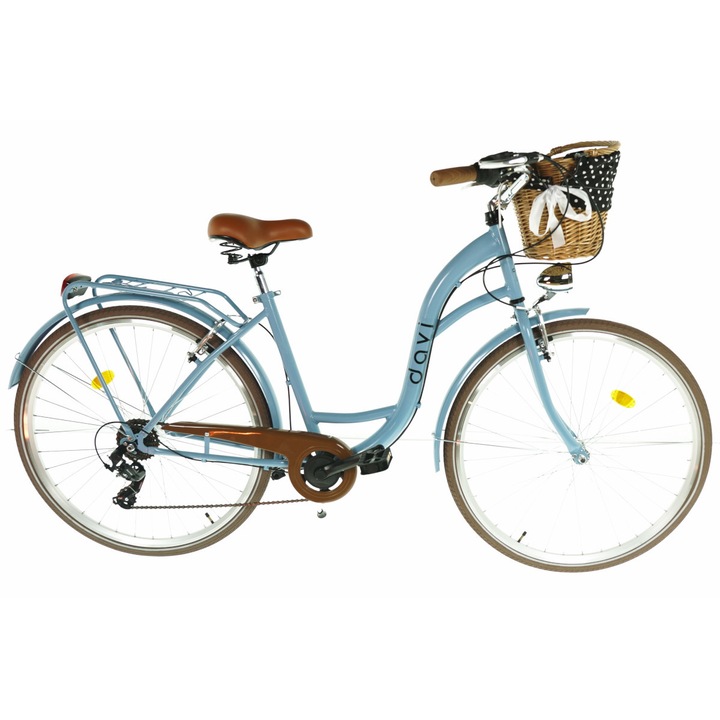 Bелосипед Davi™ Emma, Плетена кошница, 7 скоростен, Градски, Kолела 28", 160-185 cm височина, Син/кафяво