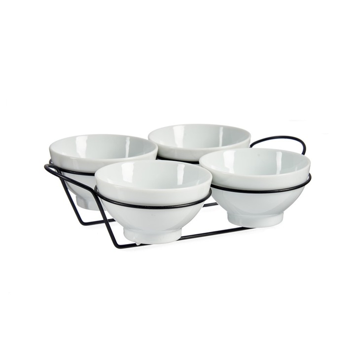 Set 4 boluri ceramice rotunde, 200 ml, pe suport metalic cu manere, Escalate, 6x20x25.5 cm