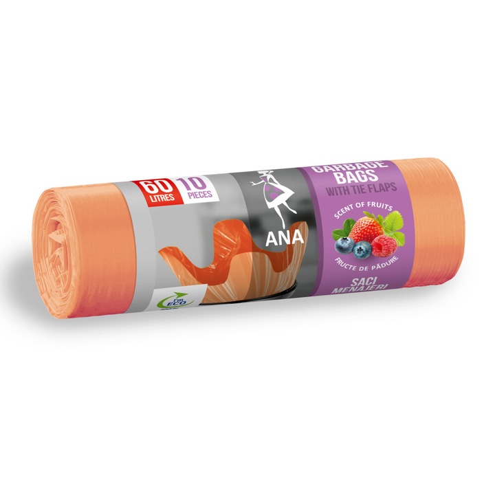 Торби за смет с уши, Плодов аромат, Цвят сьомга, 60 литра, 10 бр./ролка