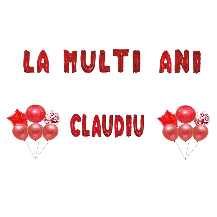Szett Happy Birthday Claudiu lufi, Tortafedő, Piros, 35 db