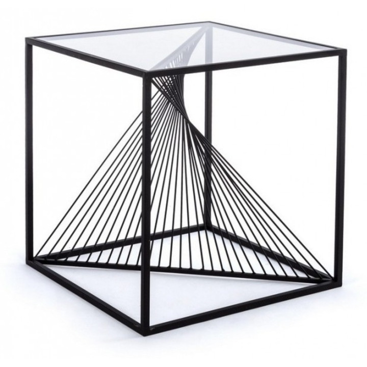 Masuta cafea cu cadru din fier negru si blat sticla Espiral 48 cm x 48 cm x 51 h