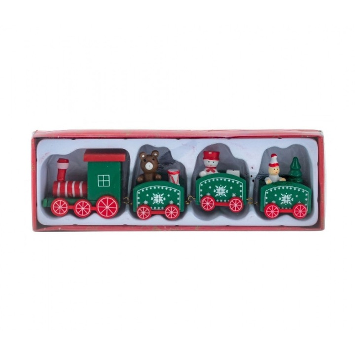 Tren ornamental, confectionat din lemn, cu diferite figurine, 20 cm, Verde