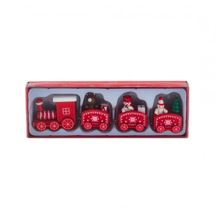 Tren ornamental, confectionat din lemn, cu diferite figurine, 20 cm, Rosu