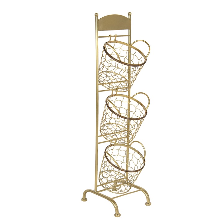Железен рафт с 3 златисти железни кошници 30 cm x 25 cm x 98 h