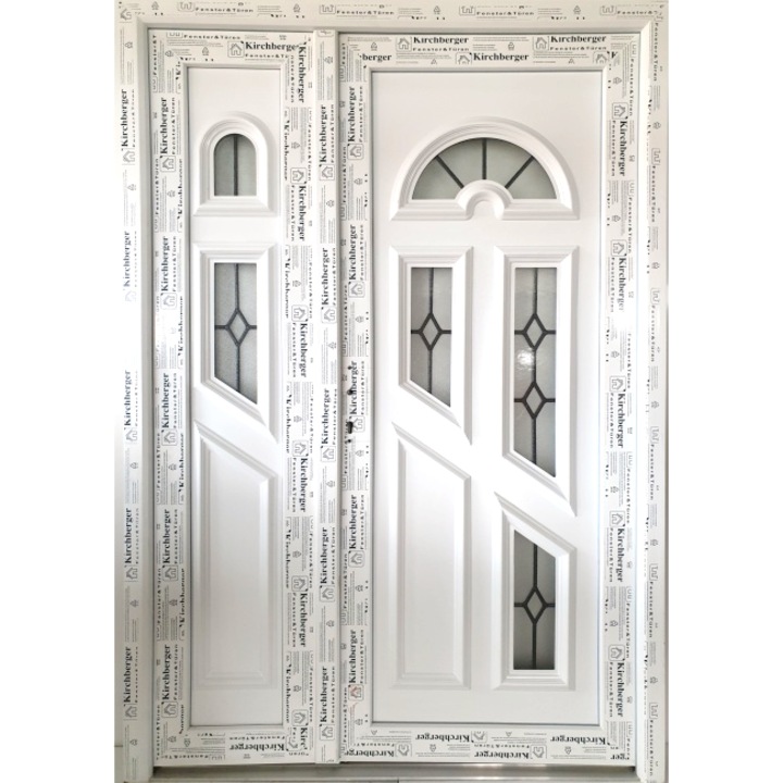 Usa de intrare (interior/exterior), Termopan/PVC, 6 camere, Dubla Amely (inseratii black), culoare Alb, dimensiune 140x200