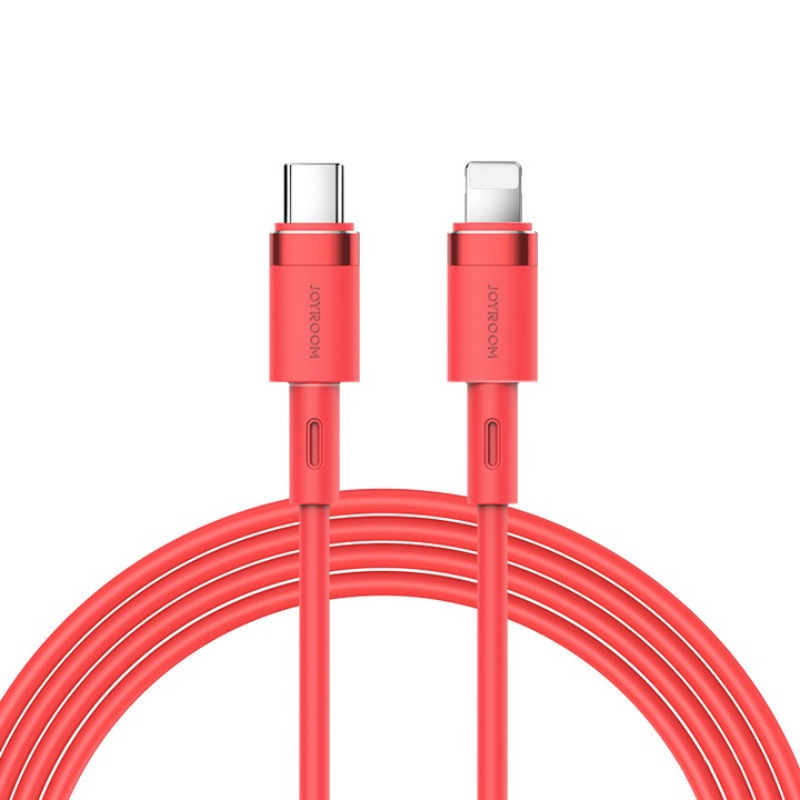 Cablu de incarcare rapida/transfer de date, Joyroom, Aluminiu/Silicon, USB-C/tip lightning PD 20 W, 1.2 m, Rosu