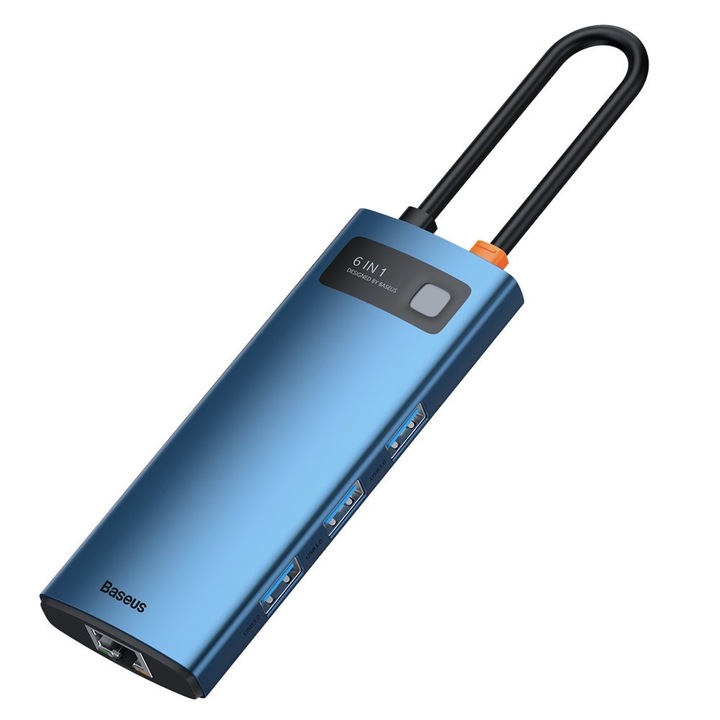 Baseus USB-C хъб, 3 x USB-A 3.0 -USB-C - HDMI - RJ45, син WKWG000003