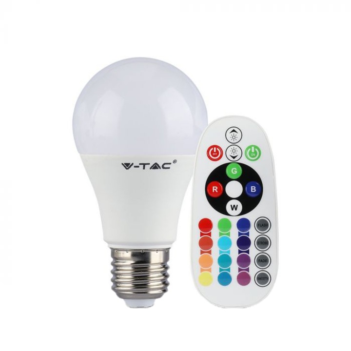 Bec LED RGBW cu telecomanda V-TAC 7121, E27, 6W (40W), 470 lm, A+, lumina alba si colorata