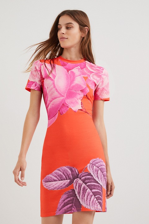 DESIGUAL, Rochie cambrata cu model floral, Portocaliu mandarina/Roz