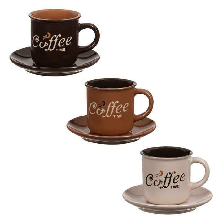 Set 3 cesti de cafea cu 3 farfurioare in 3 nuante de maro cu text "Coffe Time", 130ml