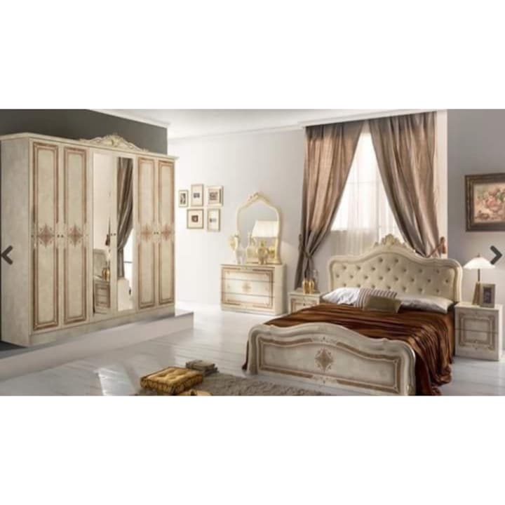 Dormitor italian clasic Luisa bej, format din dulap, noptiere, comoda cu oglinda, pat 160x200cm