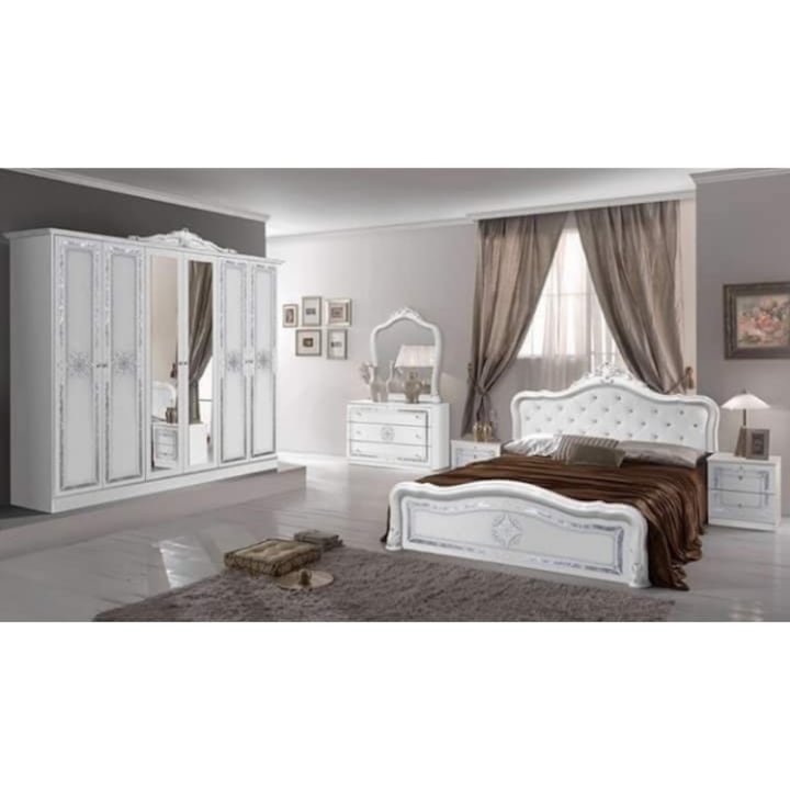Dormitor italian clasic Luisa alb, format din dulap, noptiere, comoda cu oglinda, pat 160x200cm