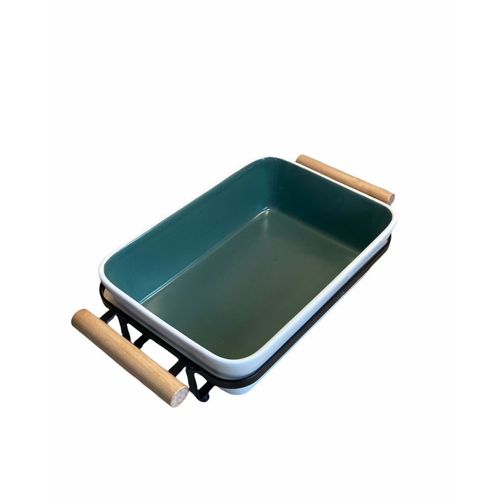 Set bol de servire ceramic, cu suport metalic si manere de lemn, finisaj mat, dreptunghiular, alb/ verde , 21 x15 x 6 cm