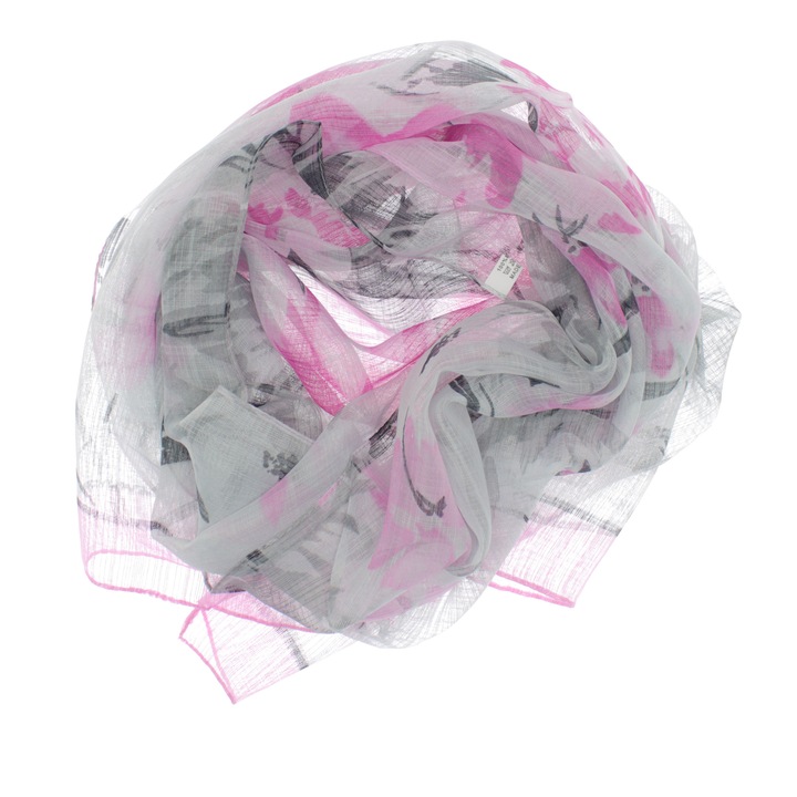 Esarfa, de dama, Buticcochet, din poliester, Gri cu flori roz, 50x160 cm - ES1053