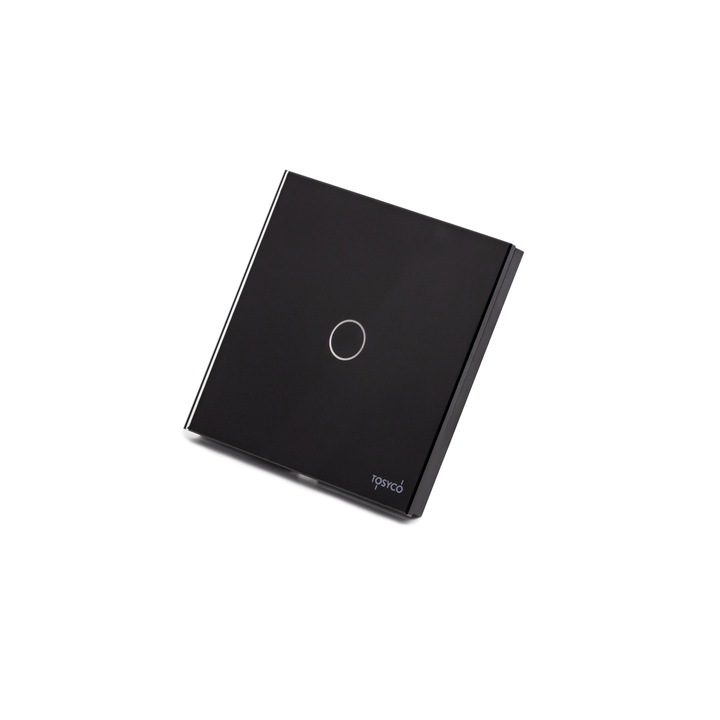 Intrerupator simplu WIFI fara Nul cu touch Tosyco din sticla, Negru