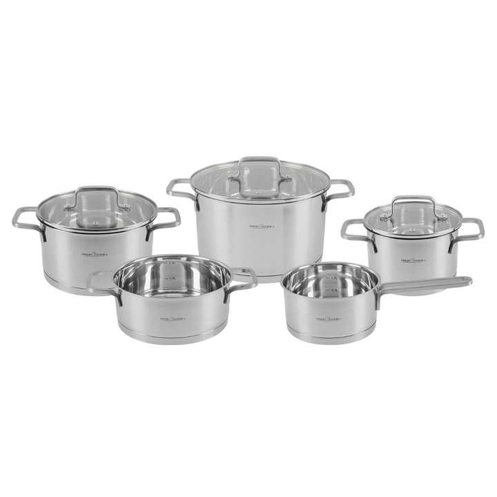 Set de 5 oale Proficook, PC-KTS 1225, 8 piese, toate sursele de caldura, otel inoxidabil, baza incapsulata, lavabile in masina de spalat vase, suprafata semi-satinata, gradatie interioara, capac din sticla rezistent la impact, inox