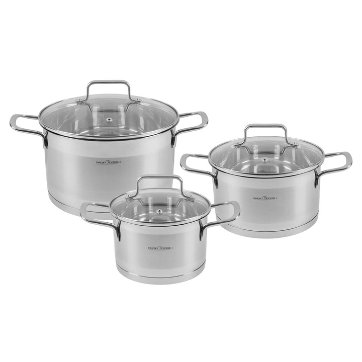 Set oale 6 piese Proficook, PC-KTS 1223, cu capac din sticla, toate sursele de caldura, otel inoxidabil, baza incapsulata, suprafata semi-satinata, gradatie interioara, usoare, inox