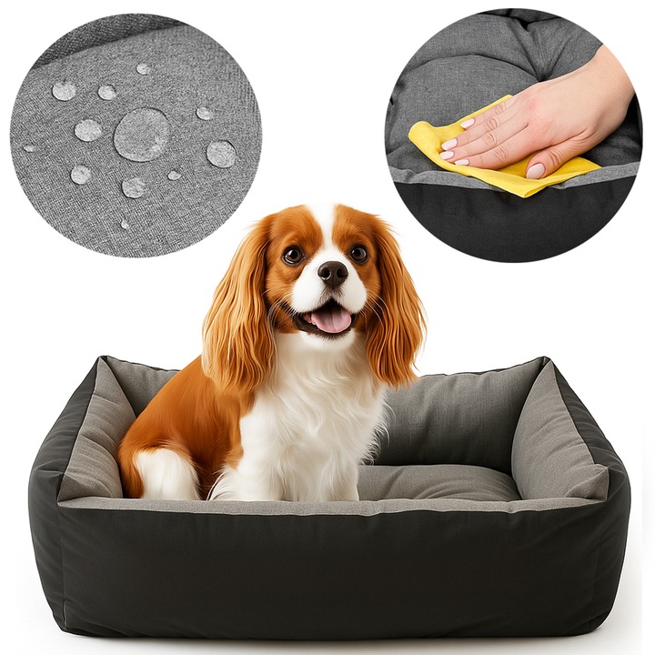 Pat caini si pisici, impermeabil, negru/gri, 70x55 cm, covoras moale, saltea caini rezistenta si confortabila, culcus caini, SuperKissen24