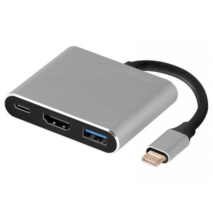 USB хъб Tracer А-1, 3-в-1, USB-C (м) към USB-C/USB/HDMI (ж), лек алуминиев корпус, Сребрист, TRAPOD46847
