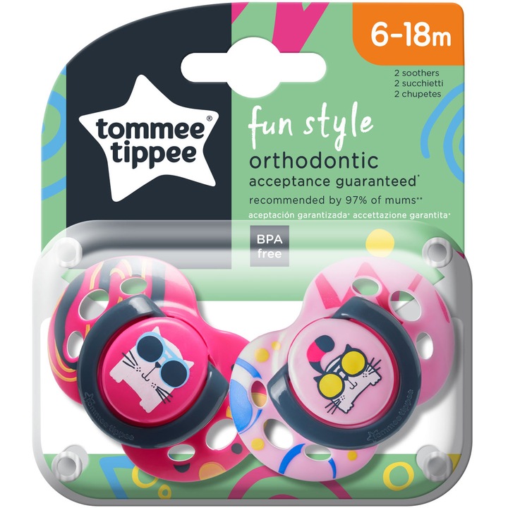 Suzeta ortodontica de zi Tommee Tippee Fun, 6-18 luni, Pisica, 2 buc, Roz