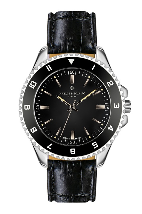 Philipp Blanc, Kvarc karóra krokodilbőr mintás bőrszíjjal, Ezüstszín, Fekete