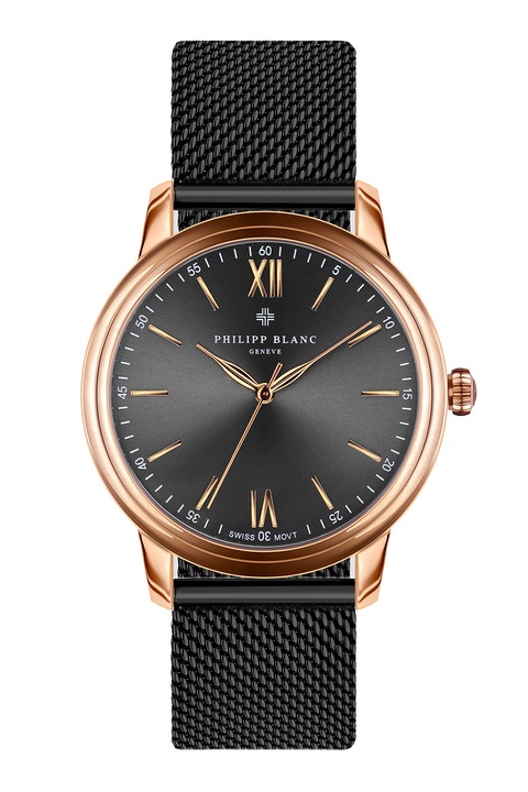 Philipp Blanc, Uniszex kvarc karóra hálós fémszíjjal, Vörösaranyszín, Fekete