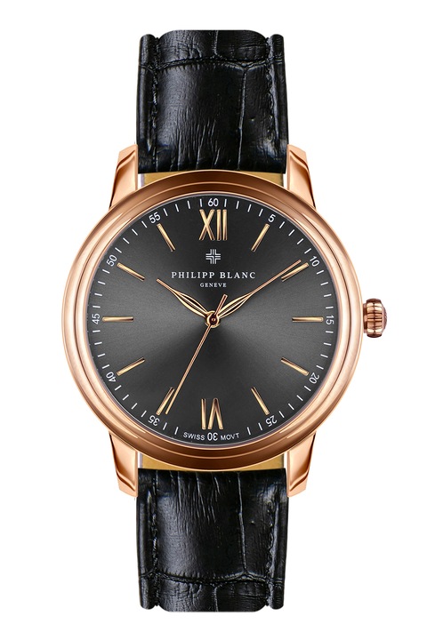 Philipp Blanc, Uniszex kvarc karóra krokodilbőr mintás bőrszíjjal, Vörösaranyszín, Fekete