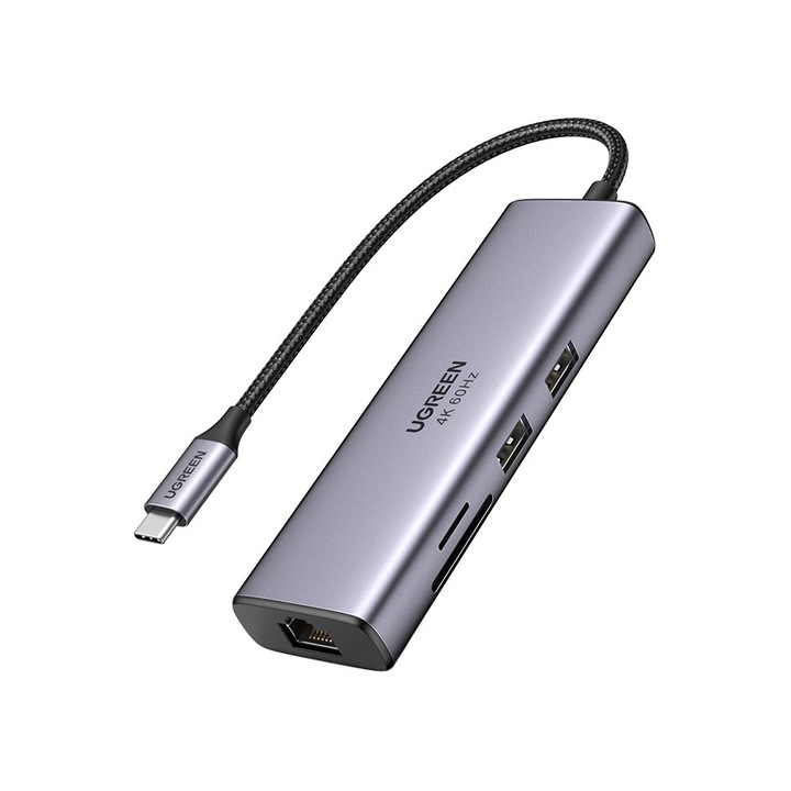 Мултифункционален хъб, UGREEN, CM512, USB-C към 2xUSB 3.2, 1xHDMI 4K, 1xUSB-C PD 100W, 1xEthernet 1Gbps, Четец на карти SD/TF, Plug and play, Сив