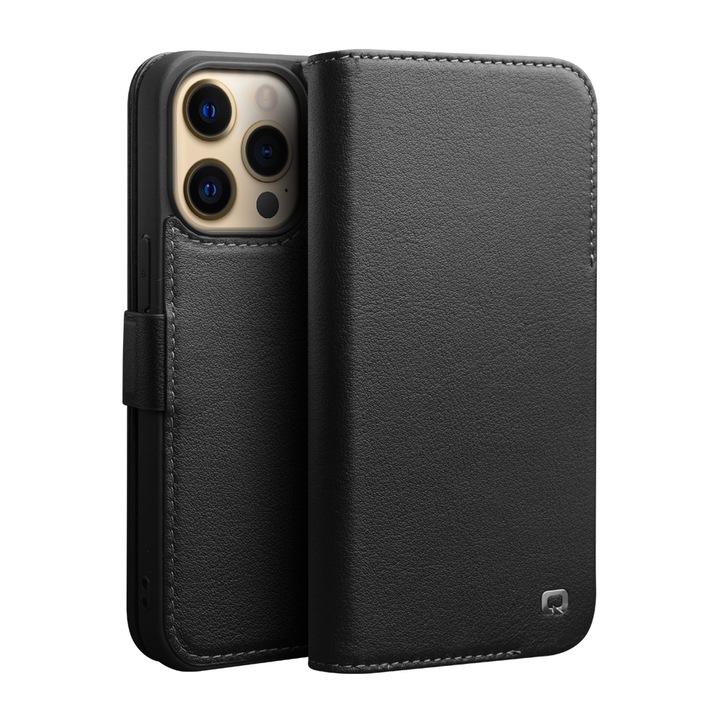 Husa slim pentru iPhone 13 Pro, Qialino, din piele naturala, inchidere magnetica, stand, cu buzunar interior, protectie 360, culoare Negru
