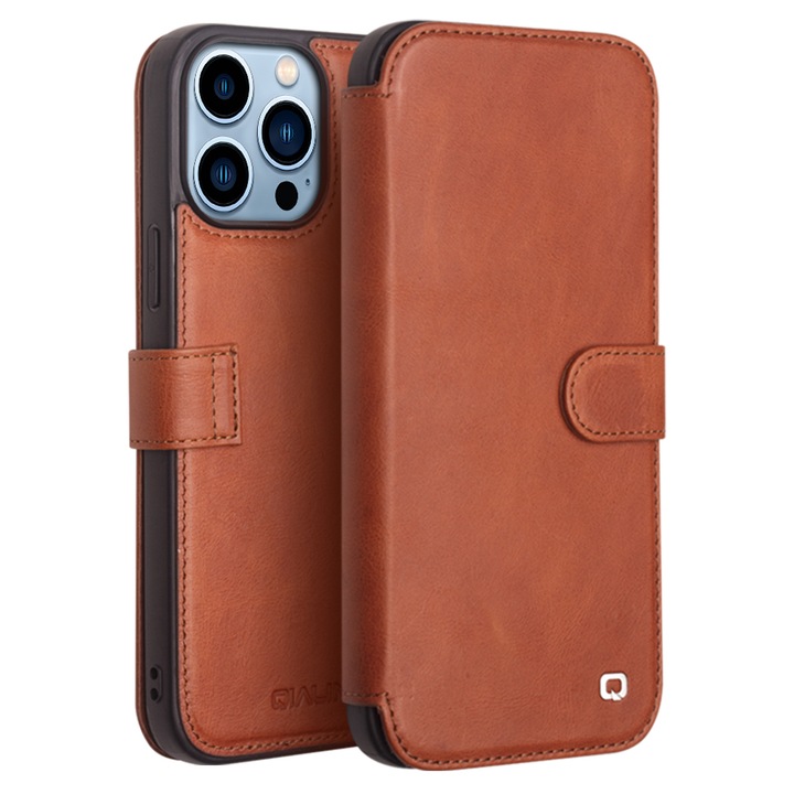 Husa pentru iPhone 13 Pro Max, Qialino, piele naturala tip portofel, inchidere magnetica, protectie 360, culoare Maro tabac