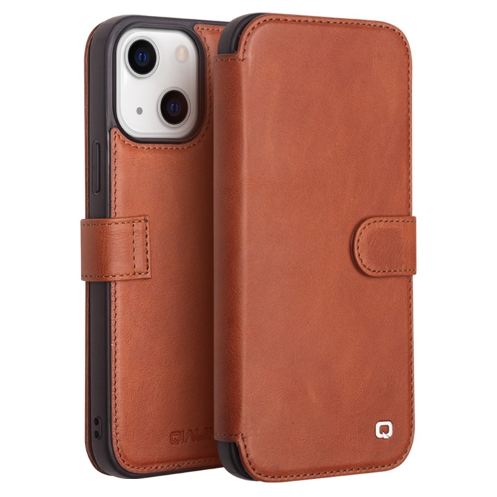 Husa pentru iPhone 13 Mini, Qialino, piele naturala tip portofel, inchidere magnetica, protectie 360, culoare Maro tabac